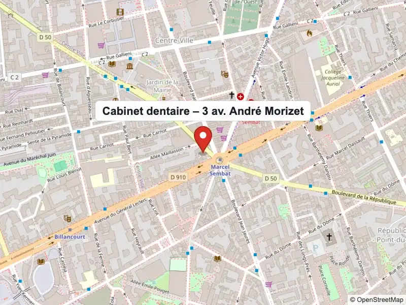Plan d’accès au cabinet dentaire, 3 avenue André Morizet à Boulogne-Billancourt